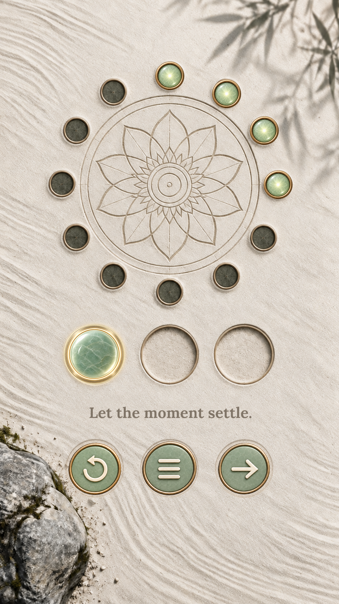 zCoin 12-Petal Mandala, Jade Jewels, and Let the Moment Settle Screen